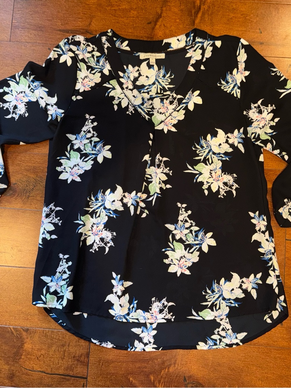 41 Hawthorn Black V-Neck Floral Blouse with Pastel Accents